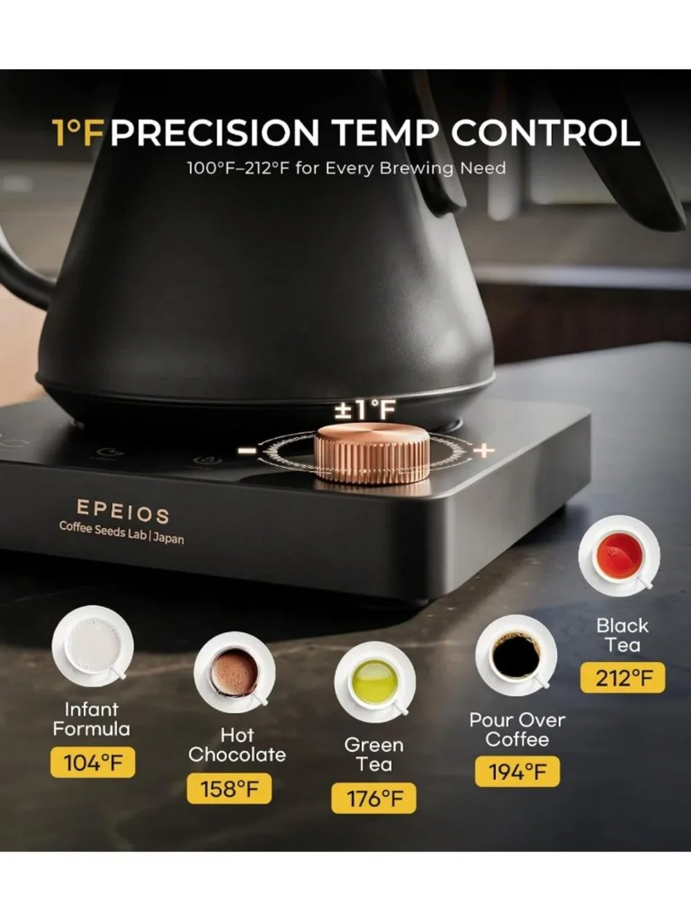 Gooseneck Electric Kettle with Temperature Control, 1200W, 0.9L - Matte Black
